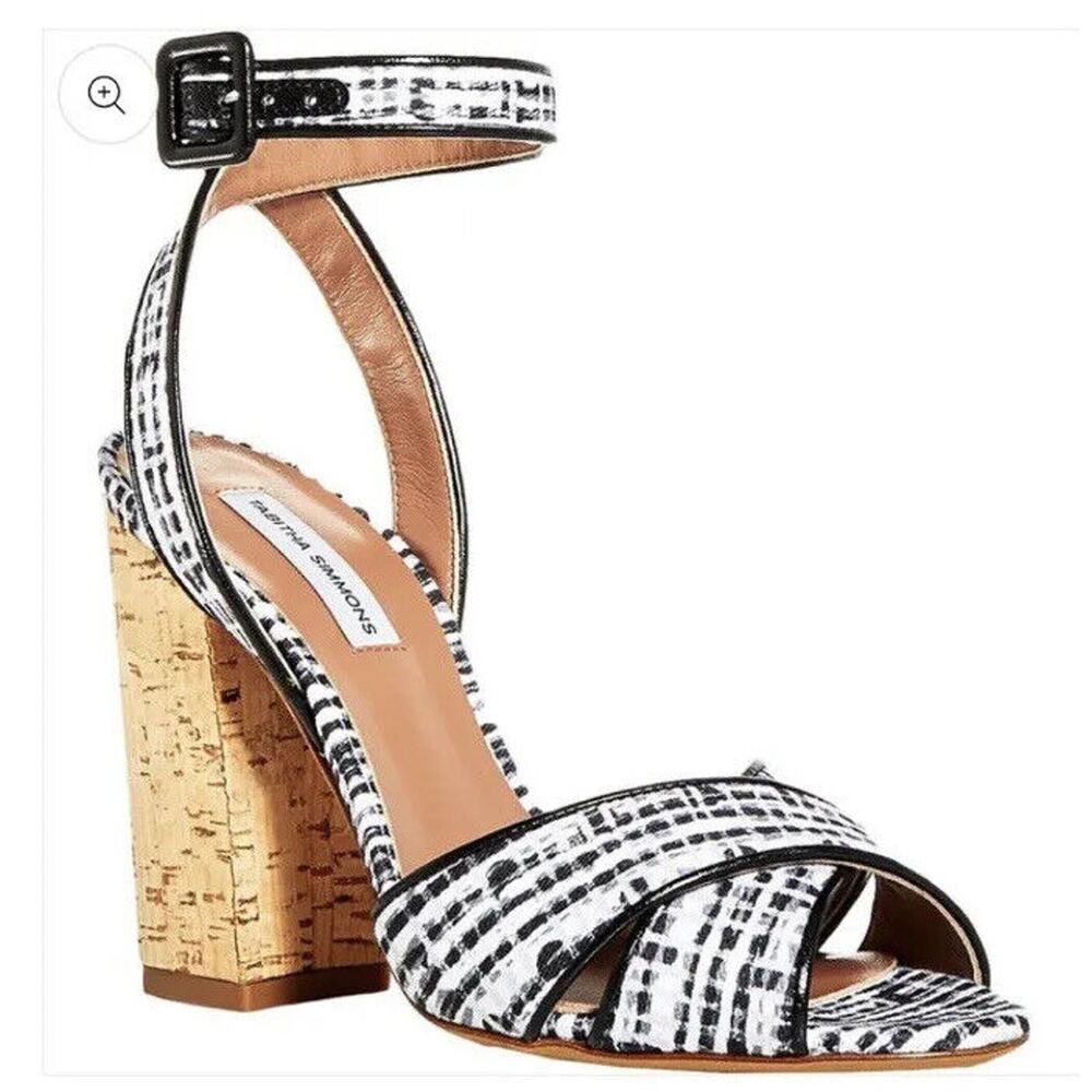 Tabitha Simmons Black and White Textured Cork Block-Heel Sandals